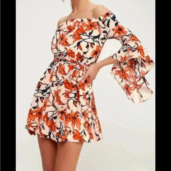 Lulu’s Blushing Blooms Nude Floral Print Off The Shoulder Dress S - Picture 2 of 9